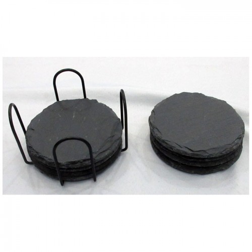 4/5/6 pieces Round Black Stone Slate Drink Coaster set