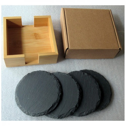 Black Slate Coaster set with Bamboo box holder